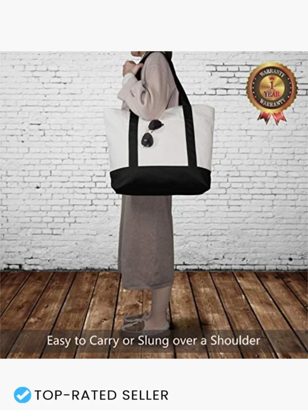 Canvas Tote Bag with External Pocket Reusable Grocery Shopping Top Zipper